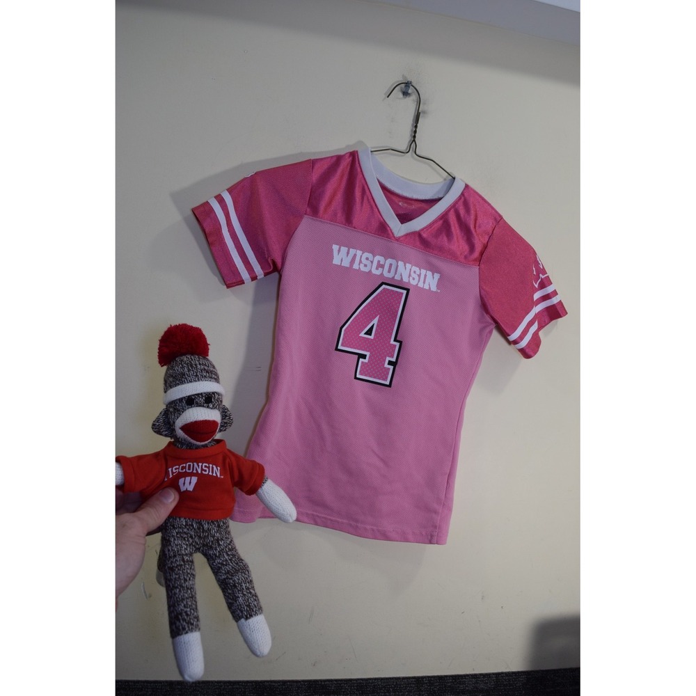 Pink Wisconsin Badgers #4 Football Jersey GIRLS S 6 Shirt FLAW + Bonus